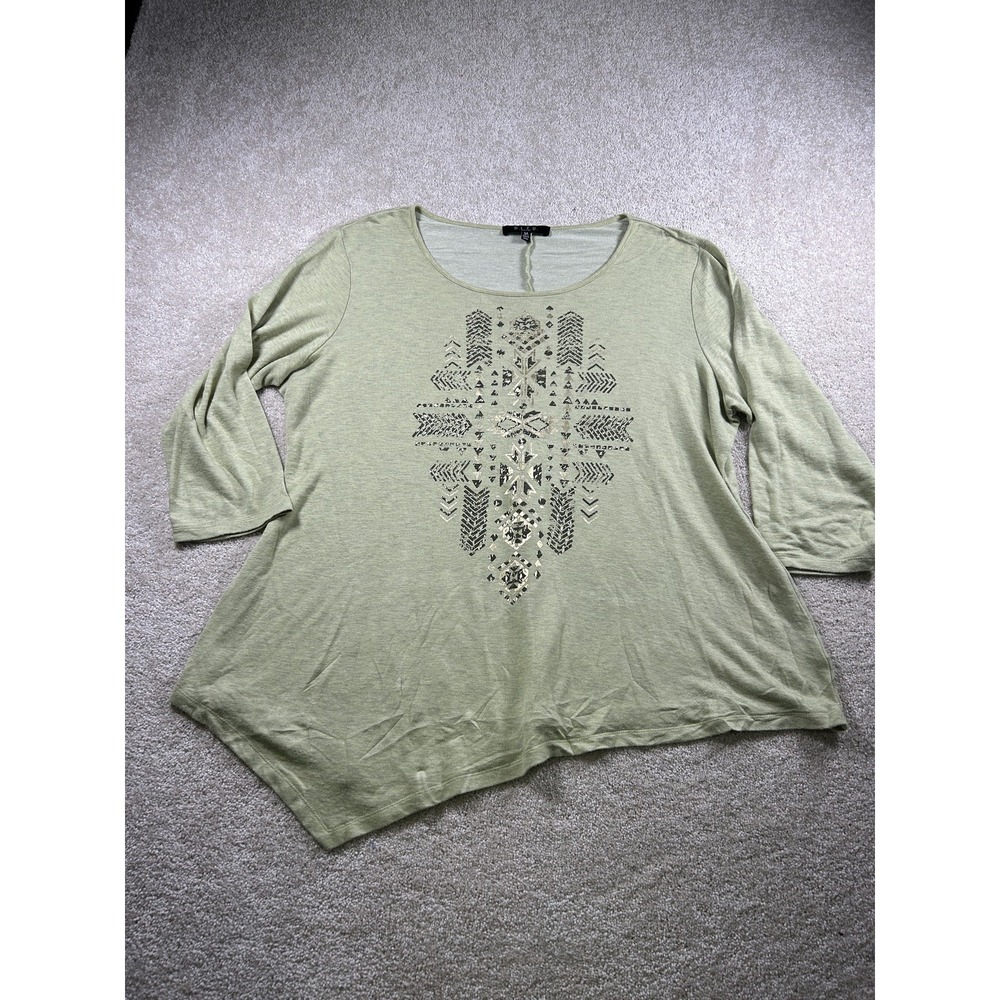 BLEU Woman Shirt 3X Green Asymmetric Hem Metallic‎ Tribal Boho Lagenlook Fairy